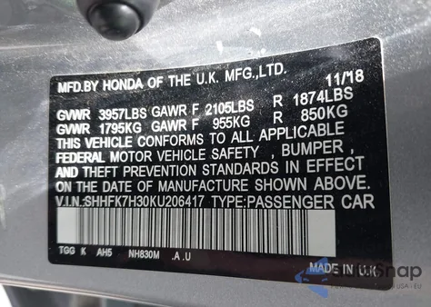 2019 Honda Civic Lx из США, поврежденный, VIN SHHFK7H30KU206417